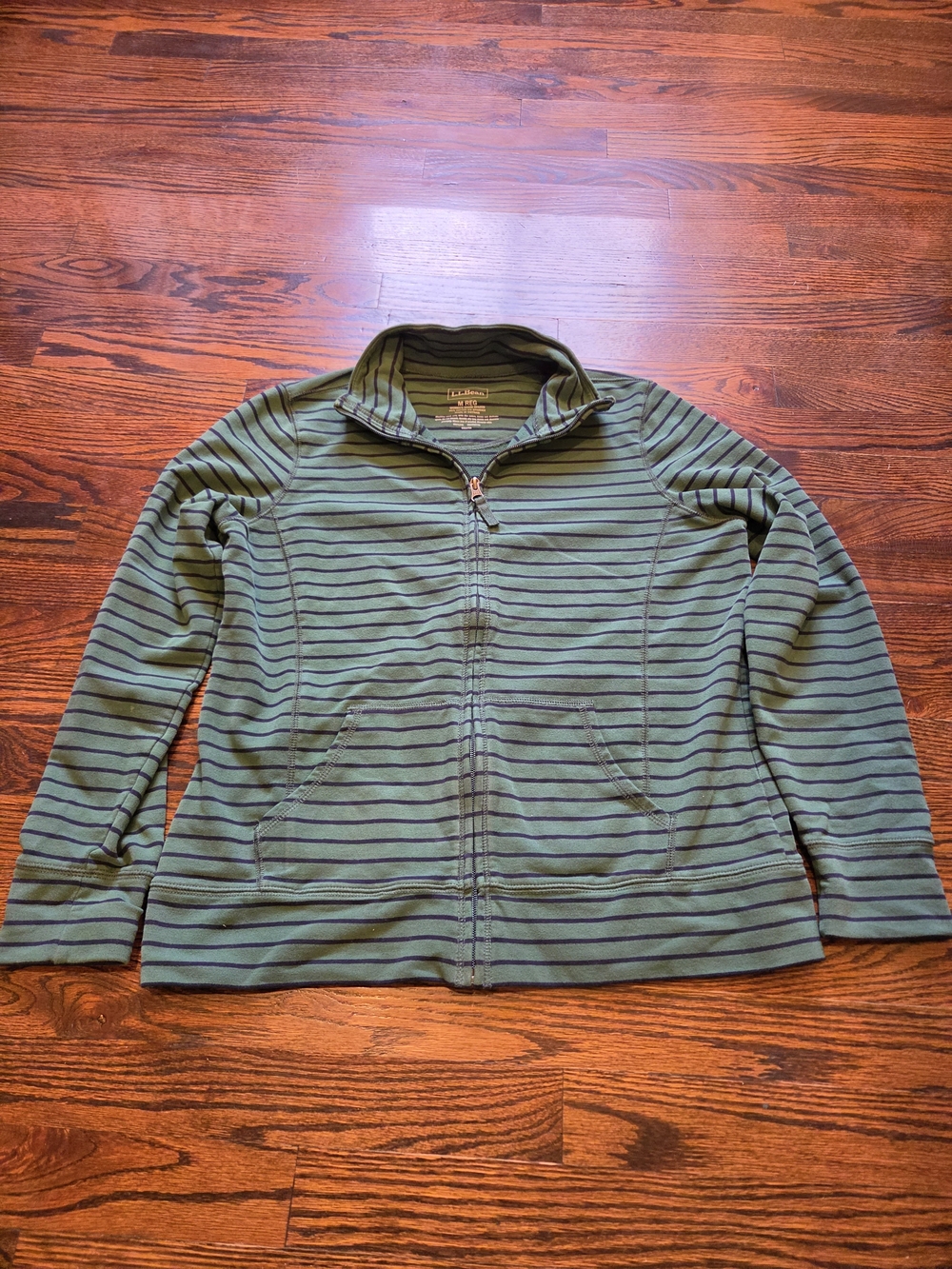 L.L. Bean Olive Green Zip-Up Jacket with Navy Stripes